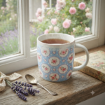 Tazza celeste con rose e cuori