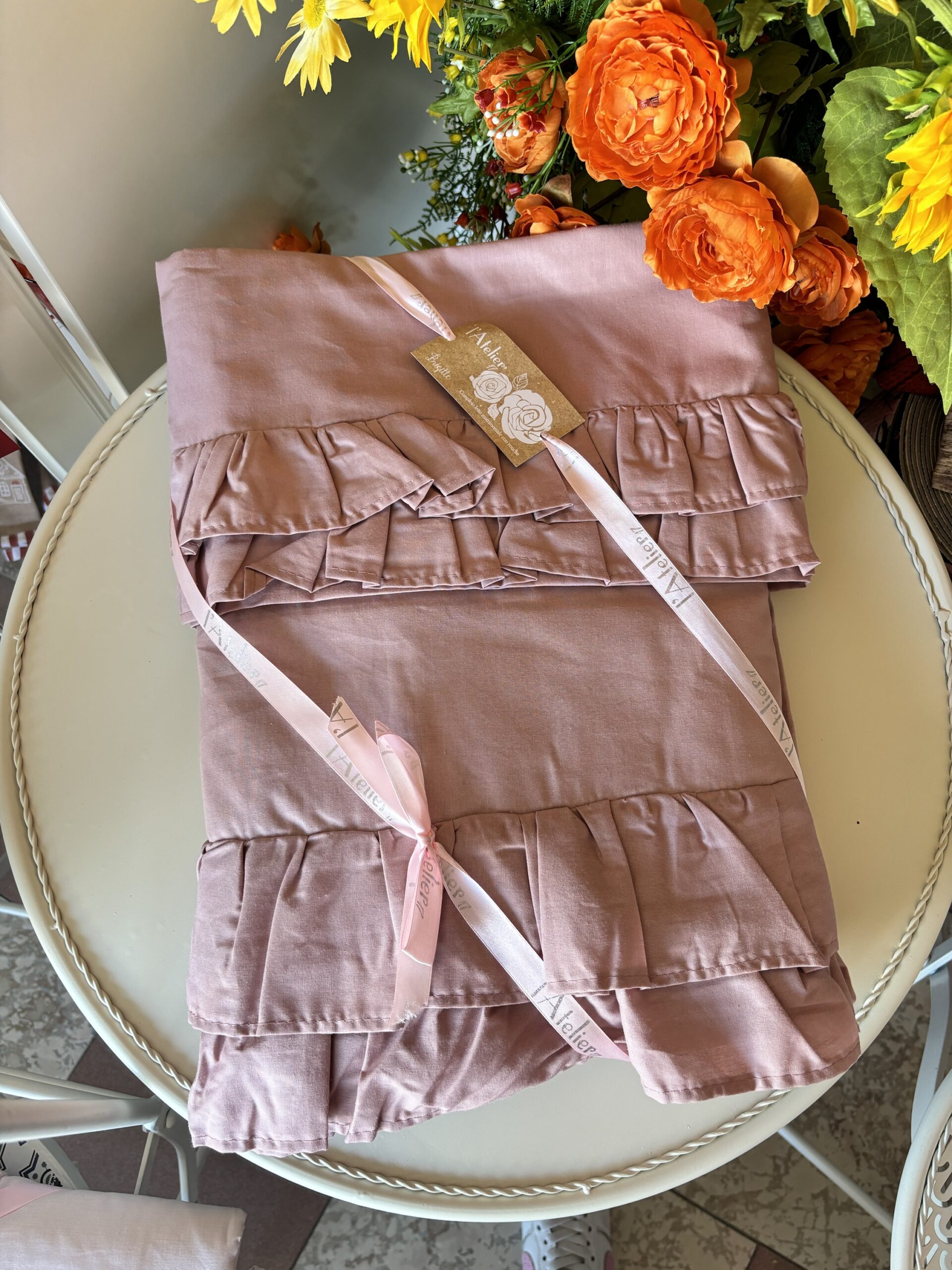 Completo letto matrimoniale con rouche rosa antico