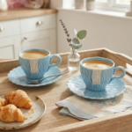 Set 2 tazze caffè Daisy  con piattino celeste
