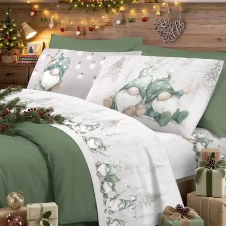 Completo letto matrimoniale flanella nanetti verdi